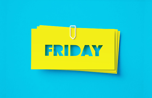 Friday Written Cut Out Yellow Adhesive Notes Sitting Over Turquoise Background