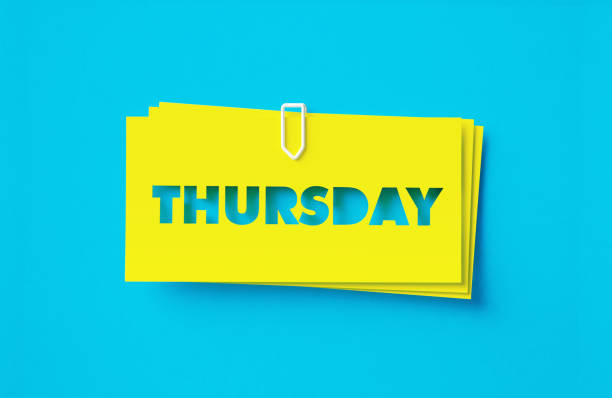 Thursday written cut out yellow adhesive notes sitting on turquoise background. Horizontal composition with copy space.