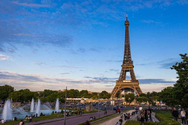 Eiffel Tower at sunset from the Trocadero Gardens stock photo