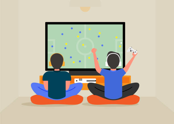 Playing video games vector art illustration