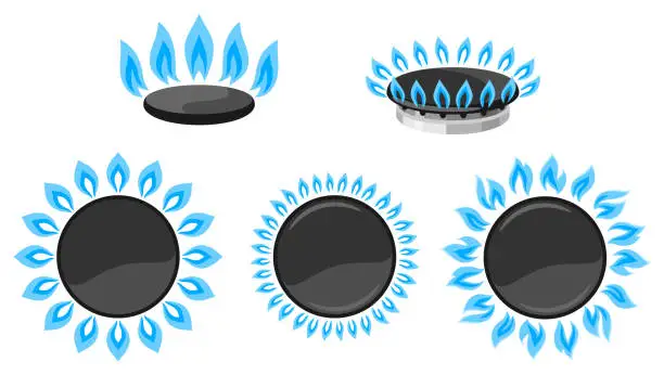 Vector illustration of Set of natural gas stove burners. Industrial and business image.