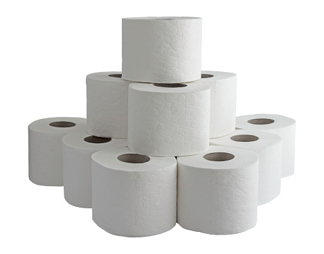 Pyramid of toilet paper rolls, isolated on white
