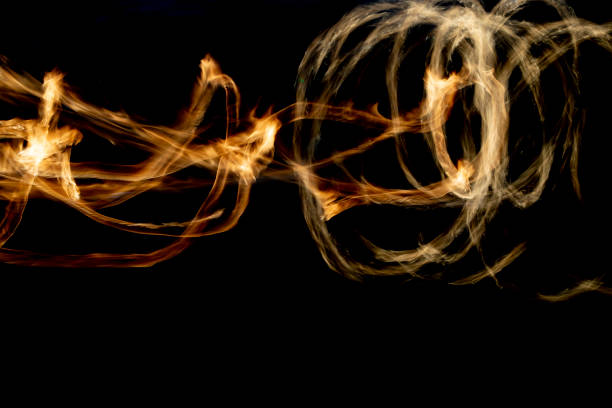 istock Circles of fire. Lines of flame. Shooting fire show on long shutter speed. 1405590566