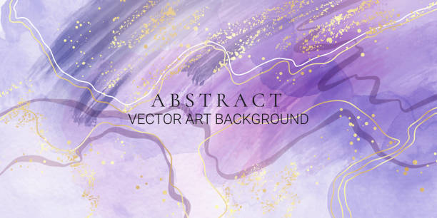 istock Purple liquid marble watercolor stain background with gold lines. Violet elegant minimal modern canvas wallpaper with paint brush pattern. Vector illustration, watercolour design for print 1405590657