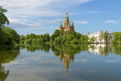 Kolonistsky park or Colonizer's Park in Peterhof (Petergof) near Saint-Petersburg, Russia. View on The Cathedral of Saints Peter and Paul