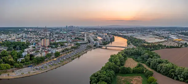 Photo of Drone panorama over Main river and Offenbach with Frankfurt skyline