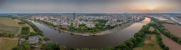 istock Drone panorama over Main river and Offenbach with Frankfurt skyline 1405592630