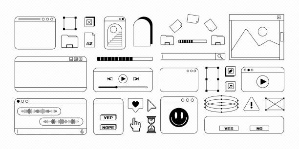 Old computer browser message windows in 90s vaporwave style with y2k stickers. Retro pc desktop dialog window template boxes and popup user interface elements, Monochrome vector illustration of UI Old computer browser message windows in 90s vaporwave style with y2k stickers. Retro pc desktop dialog window template boxes and popup user interface elements, Monochrome vector illustration of UI. the millennium stock illustrations