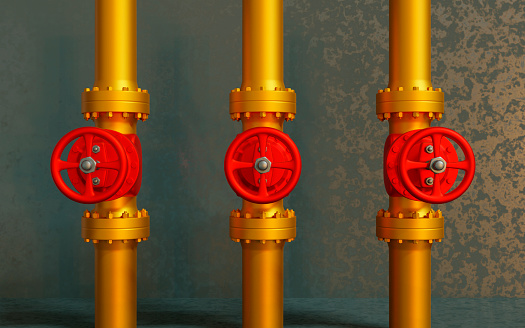 Oil and gas fuel pipeline with red valves on metal background.  Oil and gas industry concept. Sanctioned gas from Russia to Europe. Yellow and red colors. 3D rendering illustration.