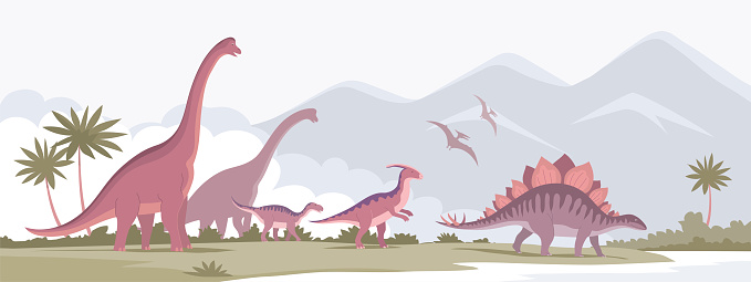 Big brachiosaurus with a long neck, parasaurolophus, stegosaurus. Herbivorous dinosaur of the Jurassic period. Vector cartoon illustration. Prehistoric pangolin. Science paleontology. Wild landscape