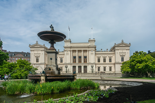 View of the monument of bishop Josip Juraj Strossmayer, and the building of the Chemical Laboratory on Strossmayer Square in front of the Palace of the Academy, Zagreb, Croatia