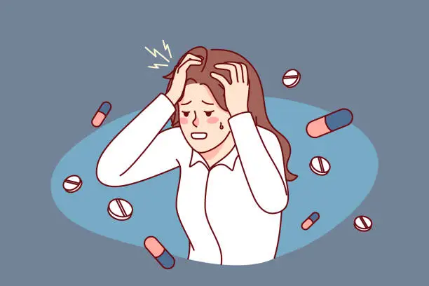 Vector illustration of Unhealthy woman suffering from migraine