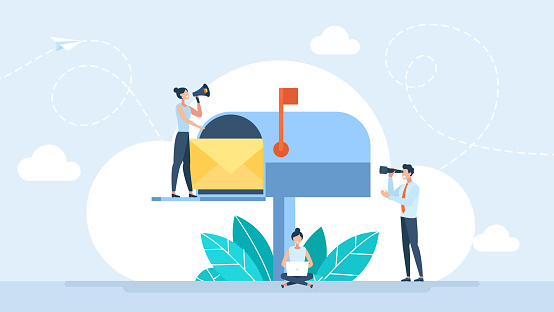 Business correspondence, subscription. Mailbox with letter in envelope. Letterbox. Inbox mail and mailbox. Tiny people are happy to receive the letter. Open post box. Flat design. Vector illustration