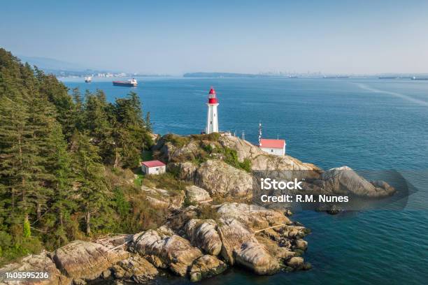 Aerial View Of Historic Landmark Point Atkinson Lighthouse In West Vancouver Canada Stock Photo - Download Image Now