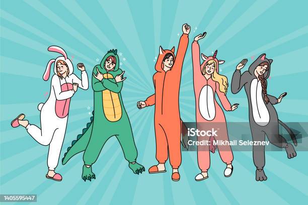 Happy People In Animal Costumes Dancing Stock Illustration - Download Image  Now - Pajamas, Group Of People, Adult - iStock