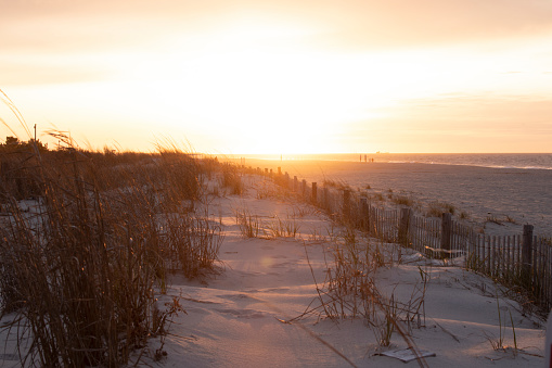 Sand dunes and beach at Sunrise, Cape May, New Jersey, USA