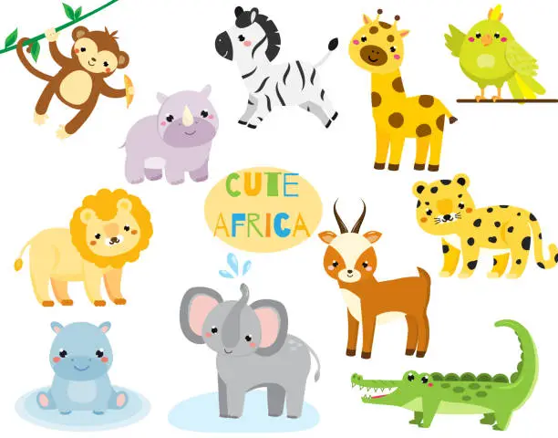 Vector illustration of Cute cartoon african animals set. Monkey, rhion, lion and other savannah wildlife for kids and children