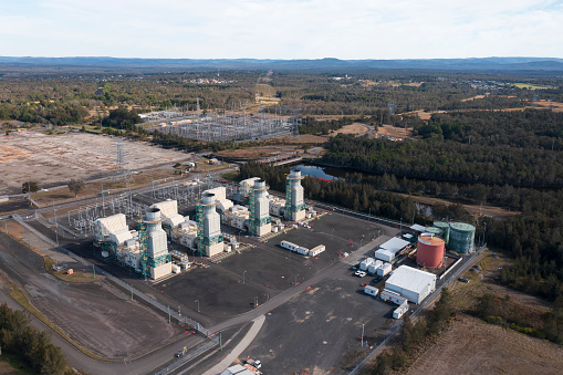 Aerial view of a gas-fired power station at Colongra, NSW, Australia.