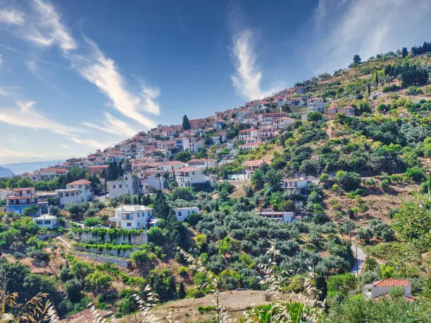 Panoramic beautiful view of Glossa on the mountain, in Skopelos island, Greece