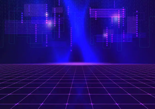 Vector illustration of Pink Neon Glow Future City Data Flowing Cyberpunk Grid Floor Futuristic Background