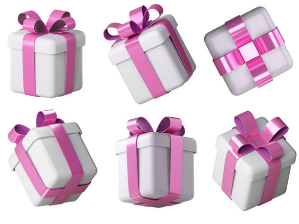 istock Realistic 3d white gift box set  with pink glossy ribbon bow 1405601483