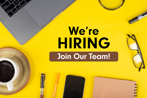 We are hiring join our team banner template with office supplies.