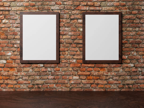 istock Verticalframes mockups on brick wall with wooden floor. Interior with blank white photo frame for your design. 3d rendering illustration. 1405604405