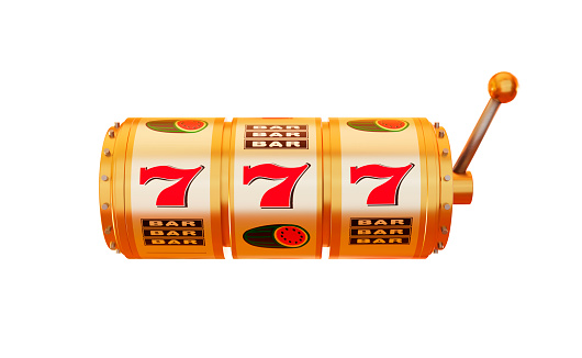 Casino online. Slot machine gold color wins the jackpot. 777 Big win concept banner casino. Gambling fortune chance. 3d render illustration.