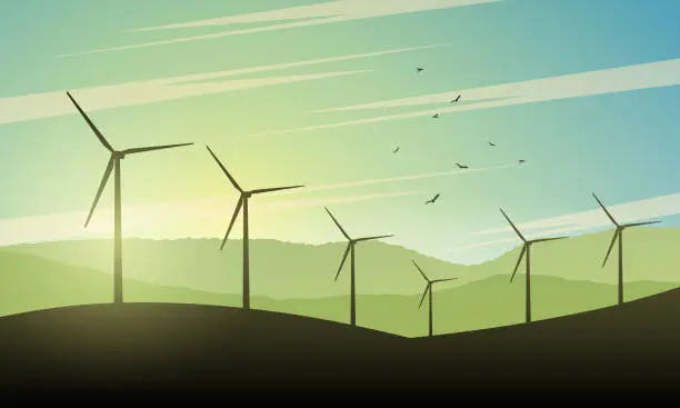 Vector illustration of Beautiful landscape illustration with wind turbines at sunset. Green power of future.