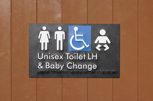 Sign on a wall for a handicapped toilet and baby change room with braille.