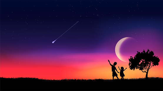 Fantasy night nature background with children watching the moon