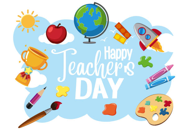 logo happy world teacher's day z przedmiotami dla uczniów - dzień nauczyciela stock illustrations