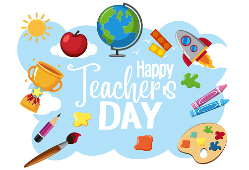Happy World Teacher's Day logo with student items illustration