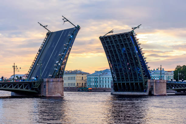 raised palace bridge at white night, saint petersburg, russia - ophaalbrug stockfoto's en -beelden