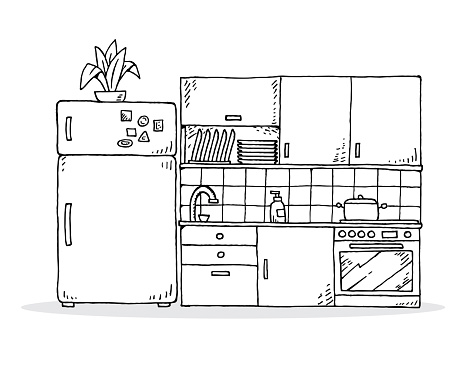 Hand drawn interior sketch of kitchen, vector illustration