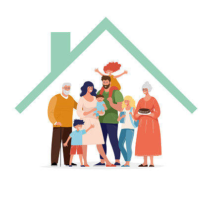 A large family under a roof, several generations of the same family together, grandfathers with grandchildren, a couple with children. Icon for mortgage, caring for loved ones, nursing home. Flat vector cartoon illustration