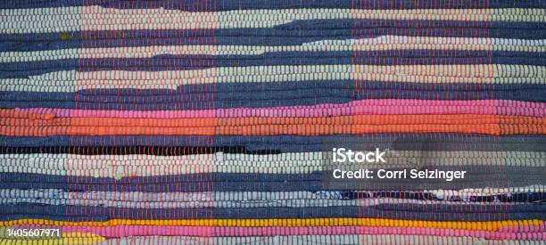 Top View Of Colorful Handmade Chindi Rag Vintage Carpet Reversible Runner Cotton Woven Floor Rug Textile Fabric Texture Stock Photo - Download Image Now
