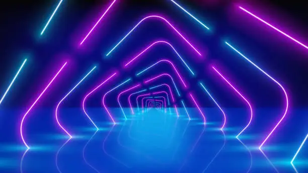 Vector illustration of Glowing neon lines, tunnel, led arcade, stage. Abstract technology background, virtual reality. Pink blue purple corridor neon square arch, perspective. Ultraviolet bright glow. Vector illustration