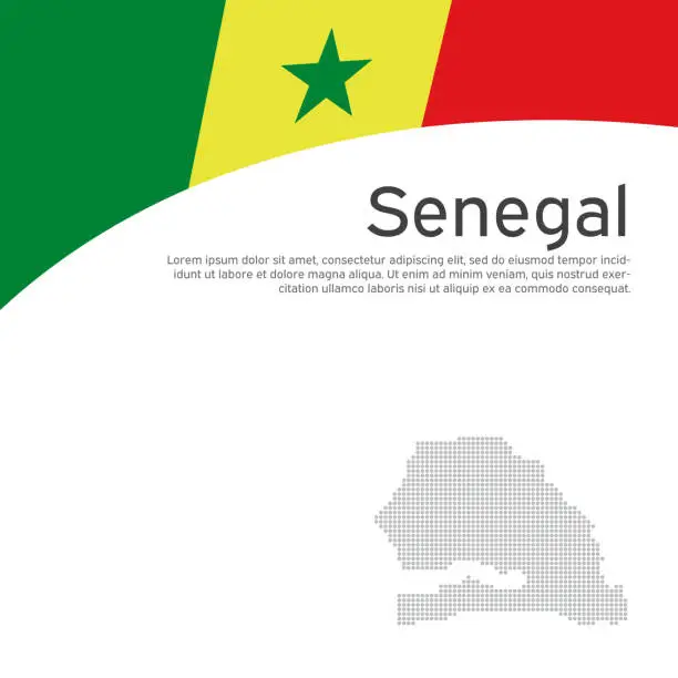 Vector illustration of Abstract waving Senegal flag, mosaic map. National senegalese poster. Creative background for design of patriotic holiday card. State senegal patriotic cover, flyer. Vector tricolor design