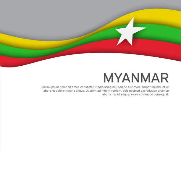 Vector illustration of Abstract waving myanmar flag. Creative background for design of patriotic holiday card. National poster. State myanmar patriotic cover, flyer. Paper cut style. Vector tricolor design