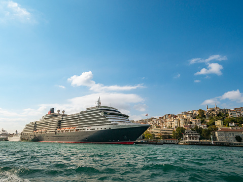 MS Queen Victoria cruise ship of the Cunard Line in Istanbul, Turkey. The Queen Victoria is a Vista-class cruise ship, though slightly longer and more in keeping with Cunard's interior style. She is the smallest of Cunard's ships in operation.