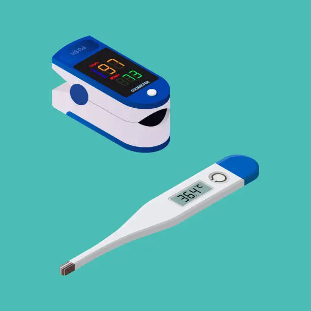 Vector illustration of Fingertip oximeter and Digital thermometer isometric