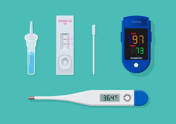 Vector illustration of Oximeter Medical thermometer and Rapid antigen test kit set