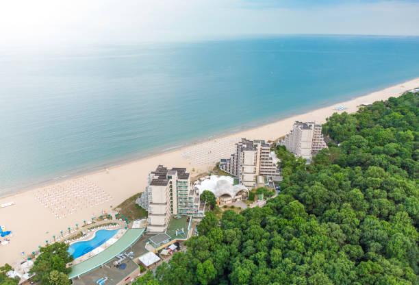 Aerial drone view of Albena empty sandy beach resort, Bulgaria stock photo