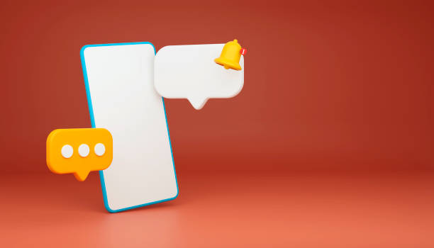istock Smartphone reminder notification. Phone with white speech bubble with a bell about the notification of a call and sms. 3d rendering illustration on salmon background. 1405610726