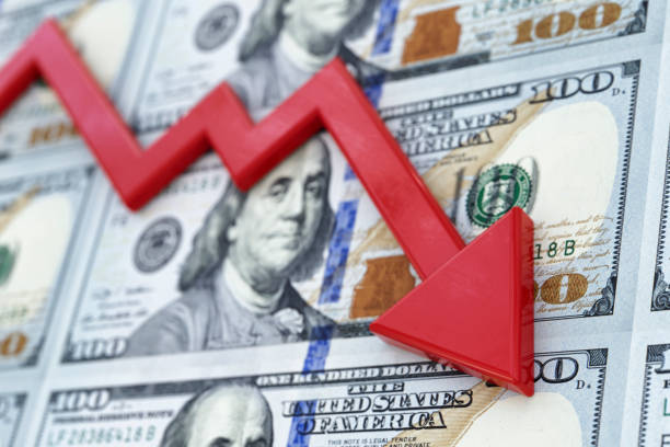 USA Recession and Crashing Economy Concept USA crashing economy and moving downward to recession concept image. money shortage stock pictures, royalty-free photos & images