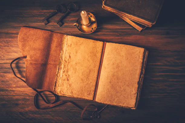 istock Blank antique leather-bound journal, book or diary with old books and candle 1405612618