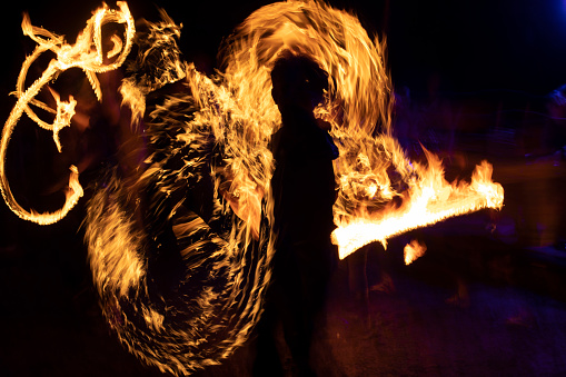 Texture of fire in dark. Fire show at night. Lines of flame. Details of ignition.