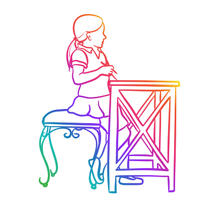 Girl Sitting At Chic School Desk Blackboard Rainbow