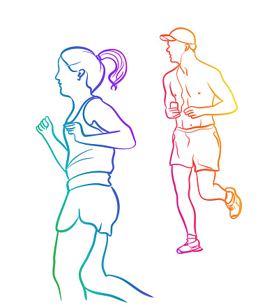 Joggers drawing with man and woman running in their summer shorts